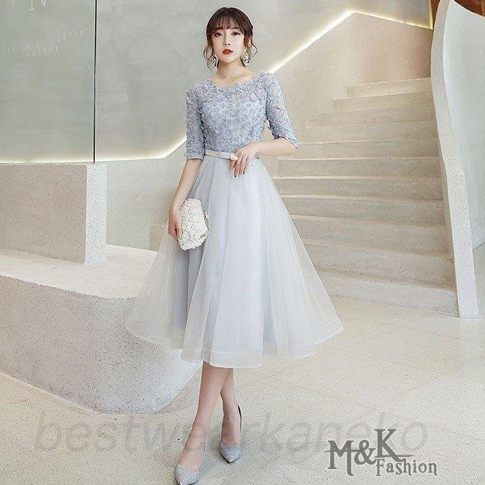 パーティードレス ミモレ丈 花嫁ウェディングドレス 結婚式 ワンピース 体型カバー Aライン 披露宴