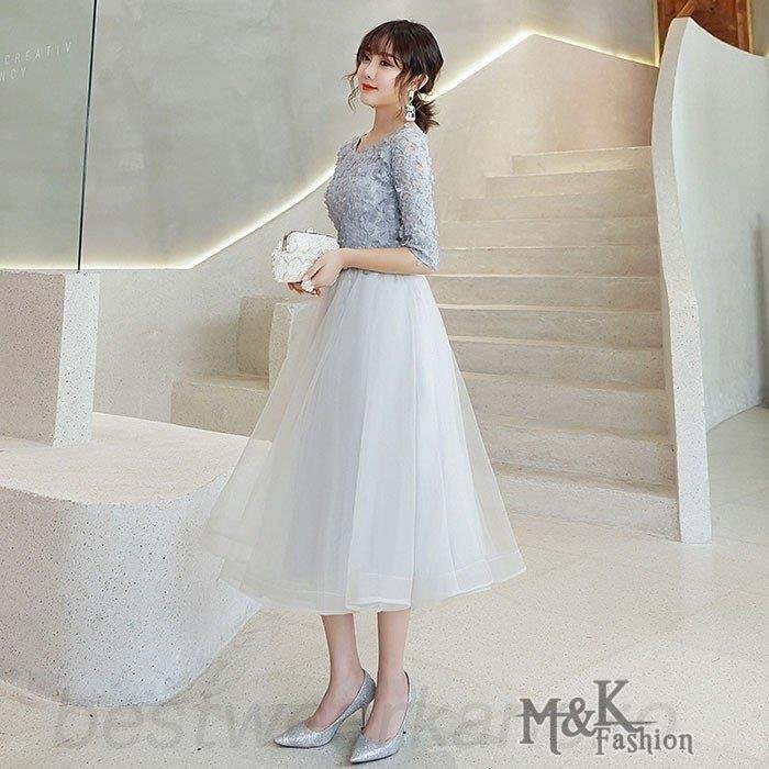 パーティードレス ミモレ丈 花嫁ウェディングドレス 結婚式 ワンピース 体型カバー Aライン 披露宴