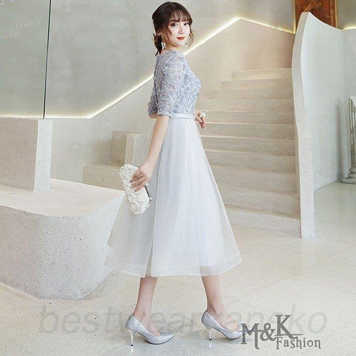 パーティードレス ミモレ丈 花嫁ウェディングドレス 結婚式 ワンピース 体型カバー Aライン 披露宴