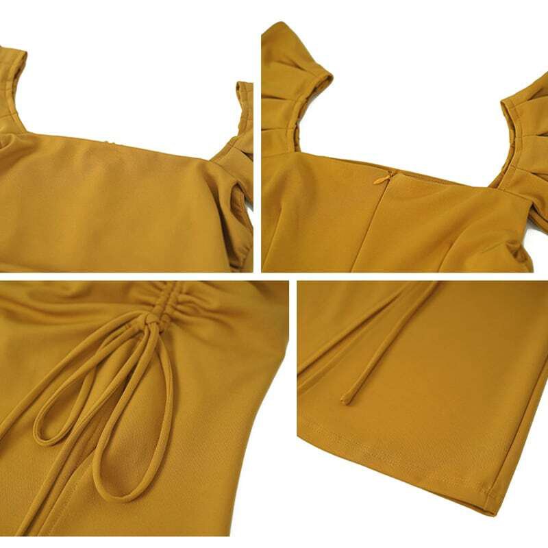 レディース ワンピース セクシー サイドスリット スクエアネック ドレス フリル イエロー ブラック 大人可愛い ママコーデ ママファッション 韓国系 オルチャン 人気 新作 20代 30代