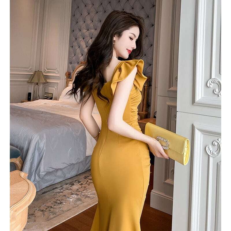 レディース ワンピース セクシー サイドスリット スクエアネック ドレス フリル イエロー ブラック 大人可愛い ママコーデ ママファッション 韓国系 オルチャン 人気 新作 20代 30代