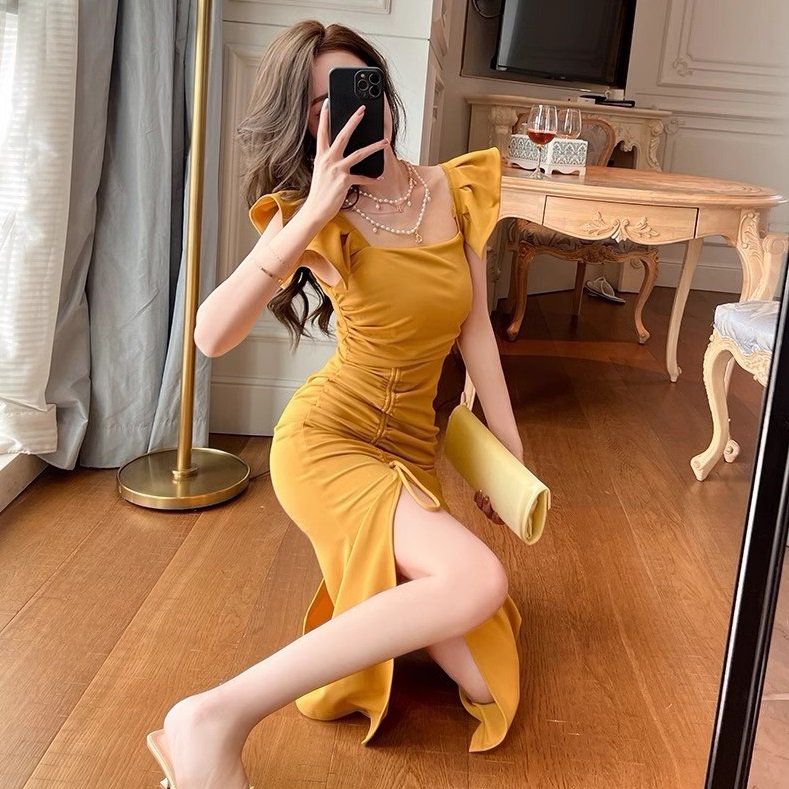 レディース ワンピース セクシー サイドスリット スクエアネック ドレス フリル イエロー ブラック 大人可愛い ママコーデ ママファッション 韓国系 オルチャン 人気 新作 20代 30代