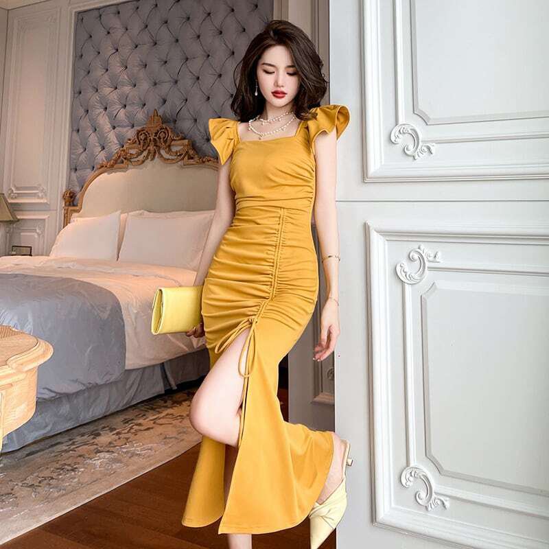 レディース ワンピース セクシー サイドスリット スクエアネック ドレス フリル イエロー ブラック 大人可愛い ママコーデ ママファッション 韓国系 オルチャン 人気 新作 20代 30代
