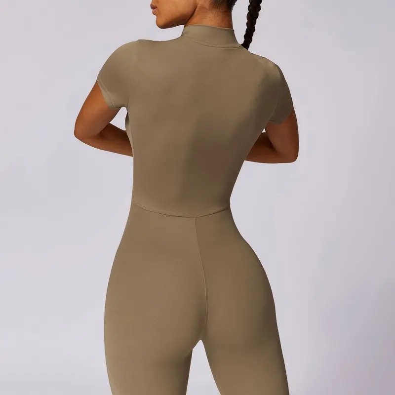納期21日：HGC Yoga Jumpsuit Women Zipper Short Sleeve one piece Gym suit Fitness Set Comfort Workout Rom