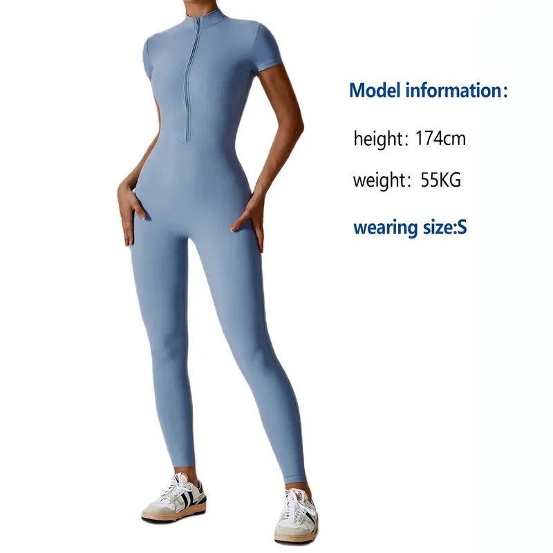 納期21日：HGC Yoga Jumpsuit Women Zipper Short Sleeve one piece Gym suit Fitness Set Comfort Workout Rom