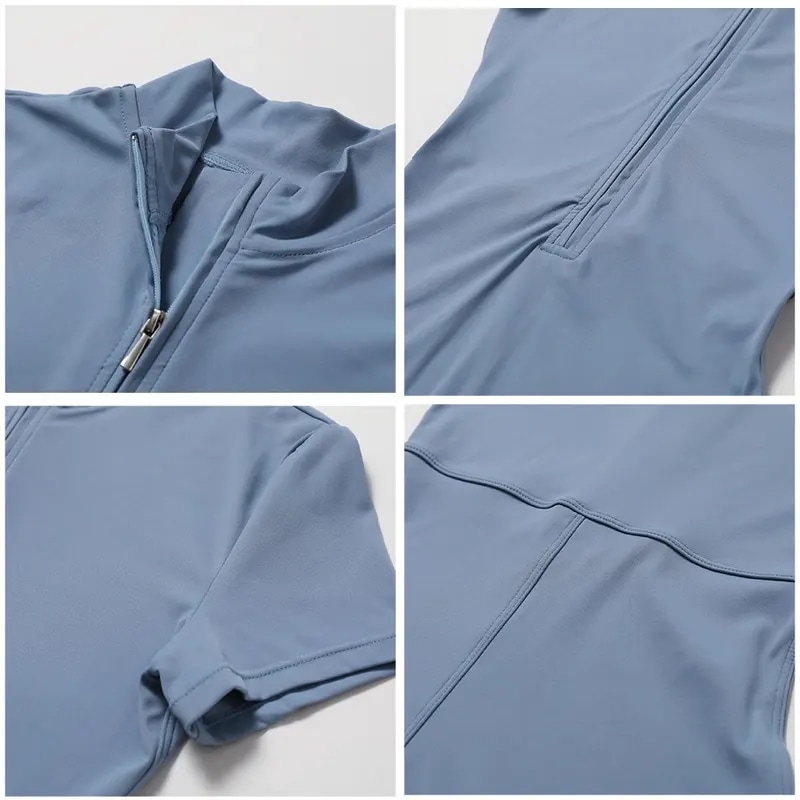 納期21日：HGC Yoga Jumpsuit Women Zipper Short Sleeve one piece Gym suit Fitness Set Comfort Workout Rom