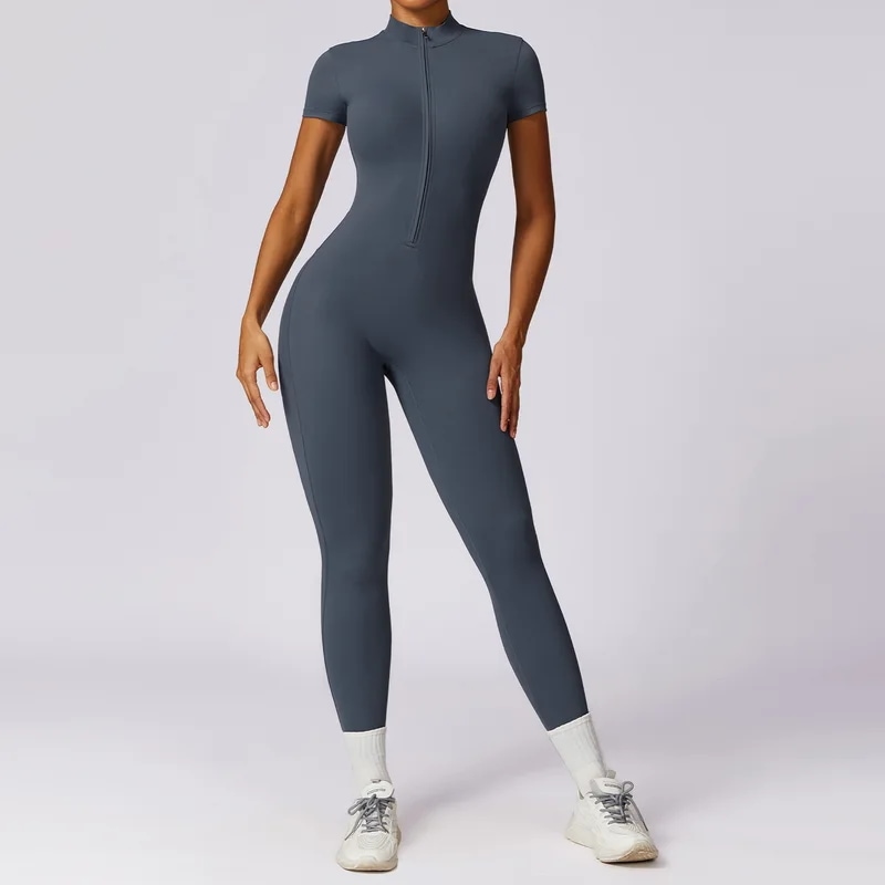 納期21日：HGC Yoga Jumpsuit Women Zipper Short Sleeve one piece Gym suit Fitness Set Comfort Workout Rom