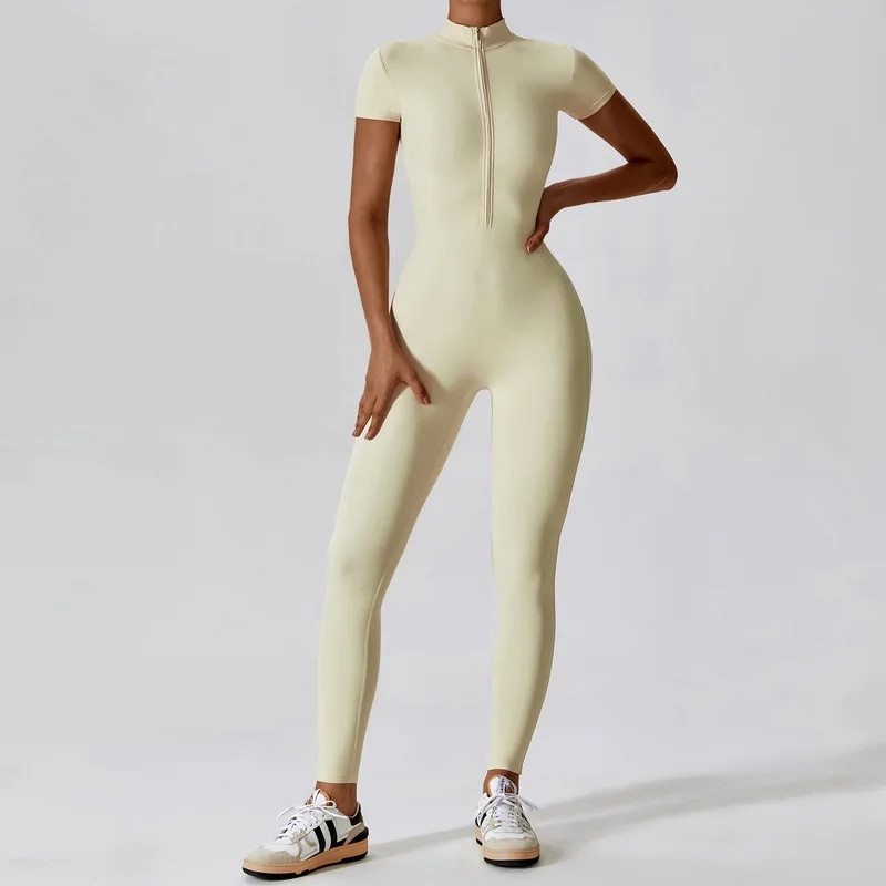 納期21日：HGC Yoga Jumpsuit Women Zipper Short Sleeve one piece Gym suit Fitness Set Comfort Workout Rom