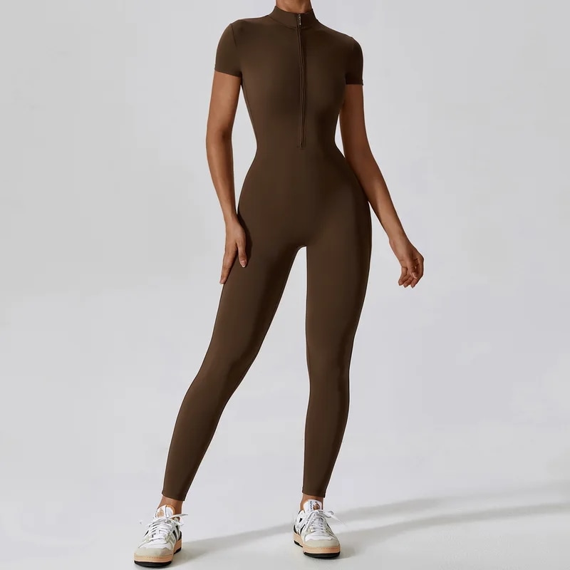 納期21日：HGC Yoga Jumpsuit Women Zipper Short Sleeve one piece Gym suit Fitness Set Comfort Workout Rom