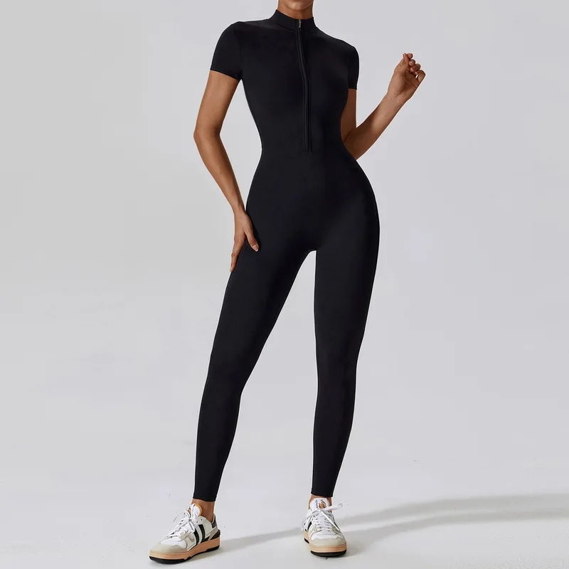 納期21日：HGC Yoga Jumpsuit Women Zipper Short Sleeve one piece Gym suit Fitness Set Comfort Workout Rom