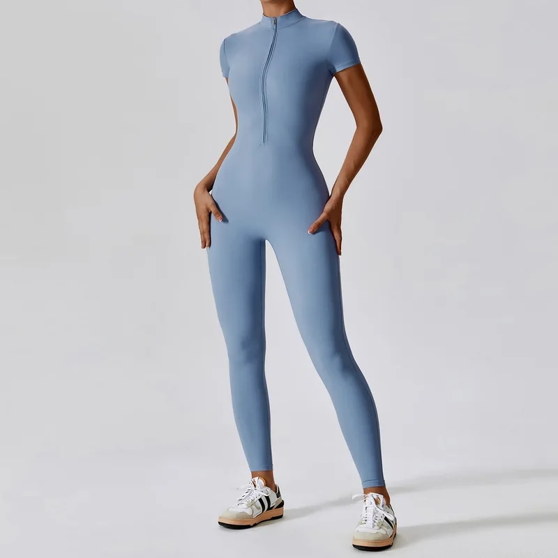 納期21日：HGC Yoga Jumpsuit Women Zipper Short Sleeve one piece Gym suit Fitness Set Comfort Workout Rom
