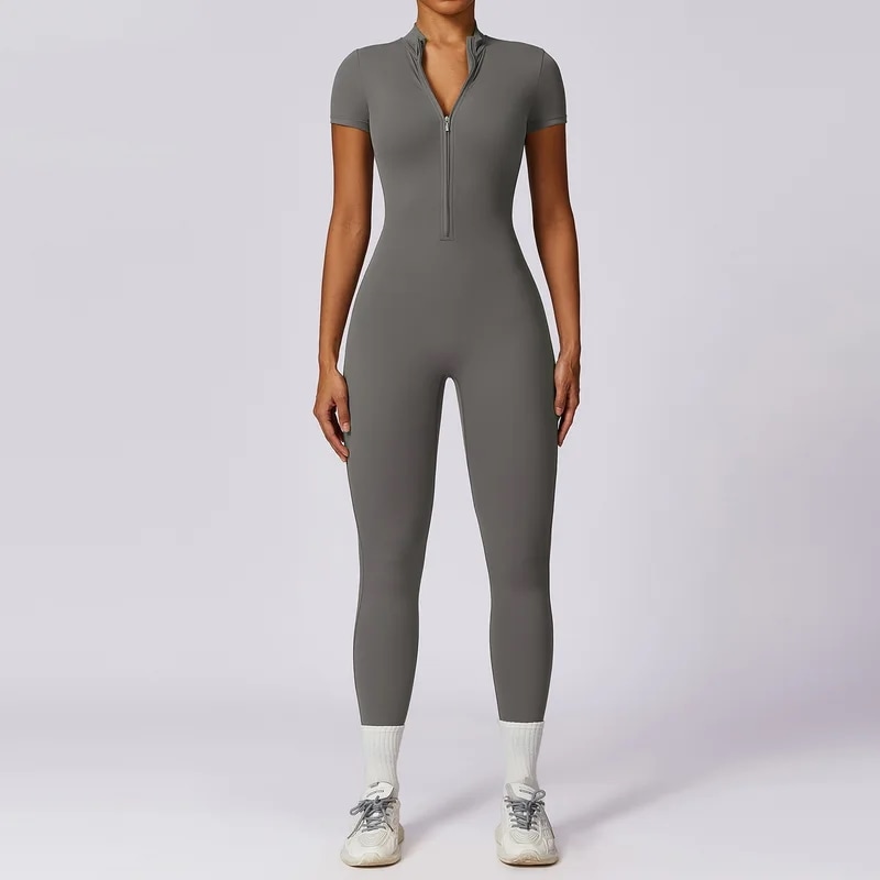 納期21日：HGC Yoga Jumpsuit Women Zipper Short Sleeve one piece Gym suit Fitness Set Comfort Workout Rom