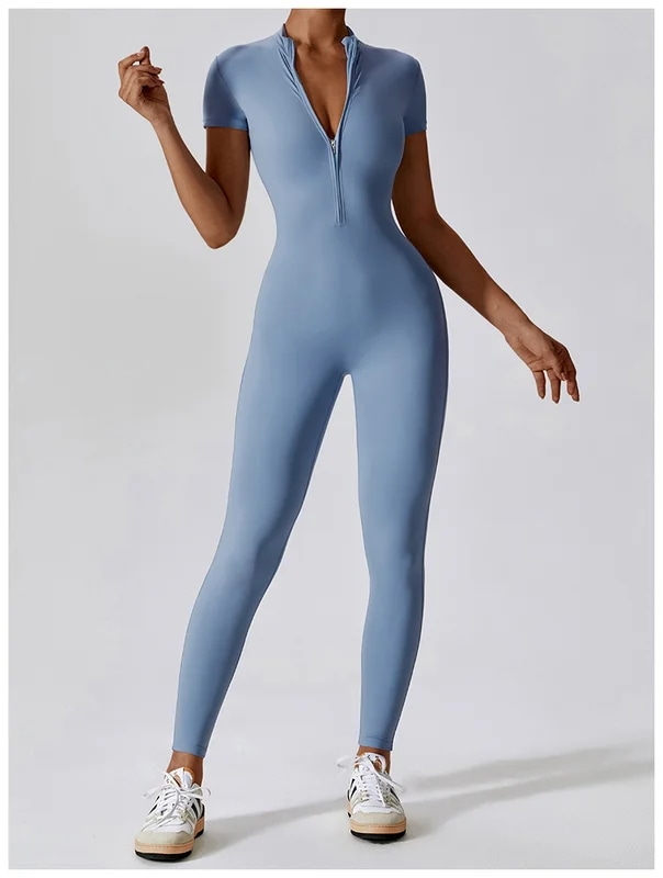 納期21日：HGC Yoga Jumpsuit Women Zipper Short Sleeve one piece Gym suit Fitness Set Comfort Workout Rom