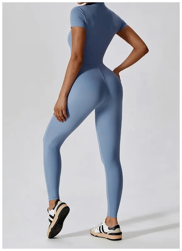納期21日：HGC Yoga Jumpsuit Women Zipper Short Sleeve one piece Gym suit Fitness Set Comfort Workout Rom