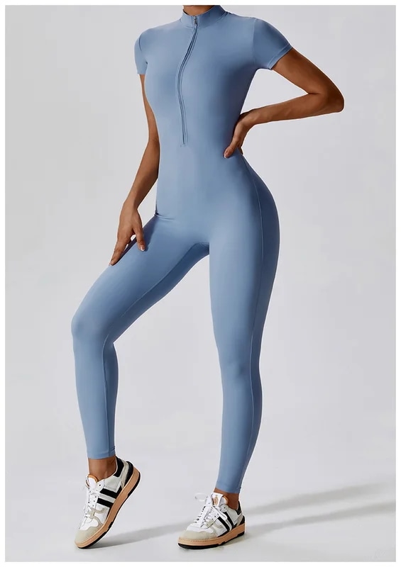 納期21日：HGC Yoga Jumpsuit Women Zipper Short Sleeve one piece Gym suit Fitness Set Comfort Workout Rom