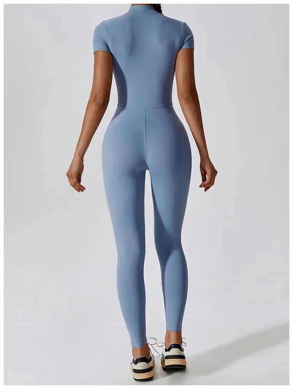 納期21日：HGC Yoga Jumpsuit Women Zipper Short Sleeve one piece Gym suit Fitness Set Comfort Workout Rom