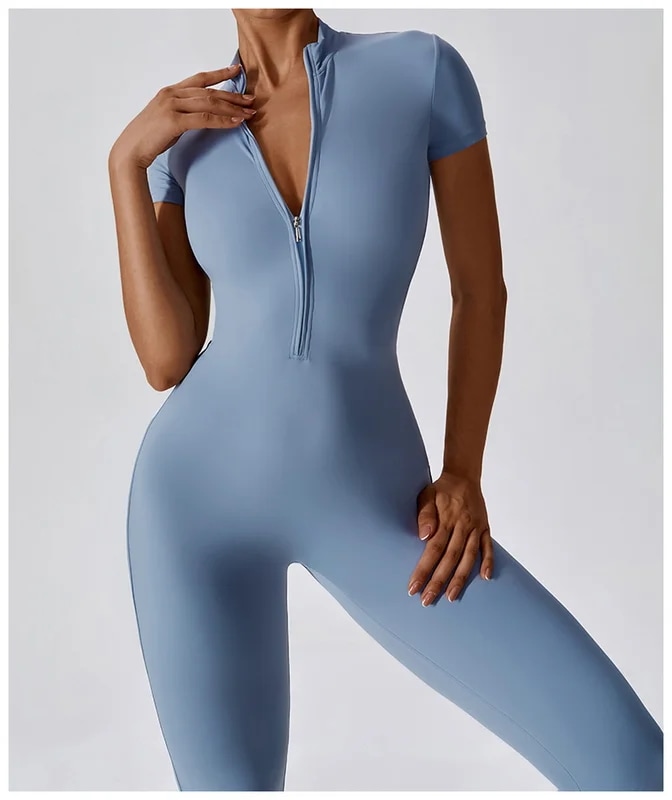 納期21日：HGC Yoga Jumpsuit Women Zipper Short Sleeve one piece Gym suit Fitness Set Comfort Workout Rom
