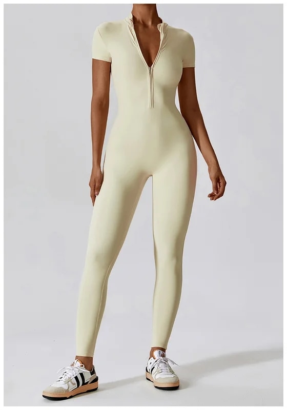 納期21日：HGC Yoga Jumpsuit Women Zipper Short Sleeve one piece Gym suit Fitness Set Comfort Workout Rom