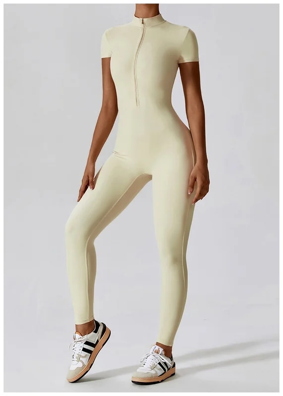 納期21日：HGC Yoga Jumpsuit Women Zipper Short Sleeve one piece Gym suit Fitness Set Comfort Workout Rom