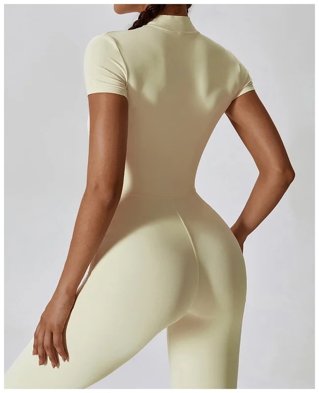 納期21日：HGC Yoga Jumpsuit Women Zipper Short Sleeve one piece Gym suit Fitness Set Comfort Workout Rom