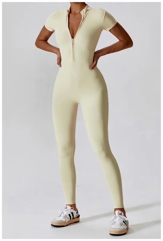 納期21日：HGC Yoga Jumpsuit Women Zipper Short Sleeve one piece Gym suit Fitness Set Comfort Workout Rom