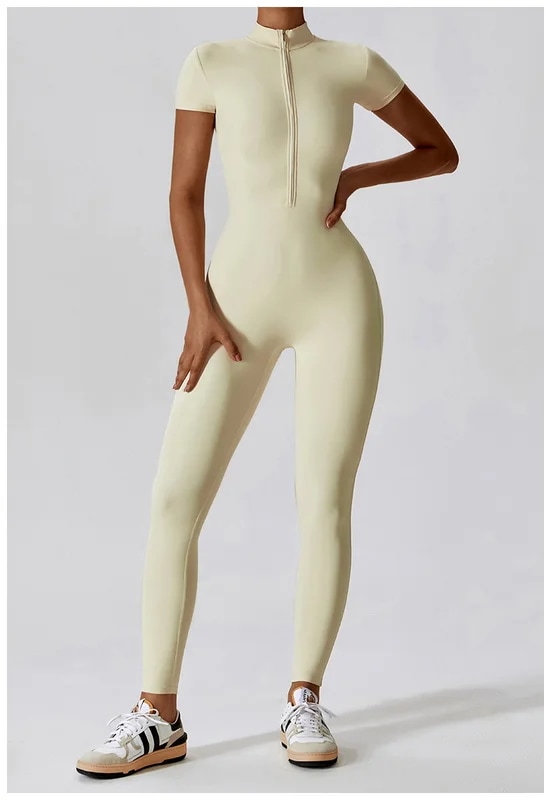 納期21日：HGC Yoga Jumpsuit Women Zipper Short Sleeve one piece Gym suit Fitness Set Comfort Workout Rom