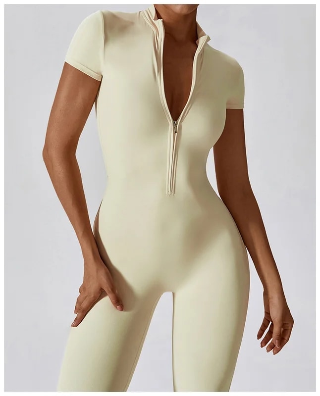 納期21日：HGC Yoga Jumpsuit Women Zipper Short Sleeve one piece Gym suit Fitness Set Comfort Workout Rom