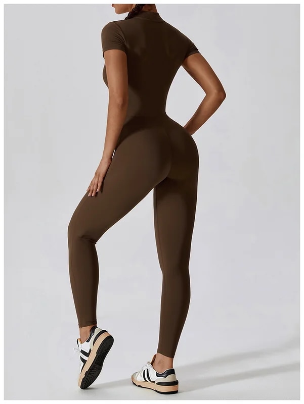 納期21日：HGC Yoga Jumpsuit Women Zipper Short Sleeve one piece Gym suit Fitness Set Comfort Workout Rom