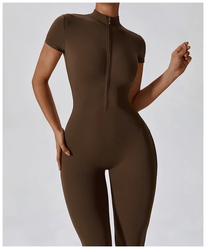 納期21日：HGC Yoga Jumpsuit Women Zipper Short Sleeve one piece Gym suit Fitness Set Comfort Workout Rom