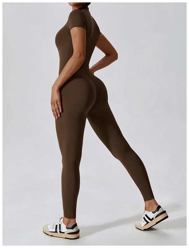 納期21日：HGC Yoga Jumpsuit Women Zipper Short Sleeve one piece Gym suit Fitness Set Comfort Workout Rom