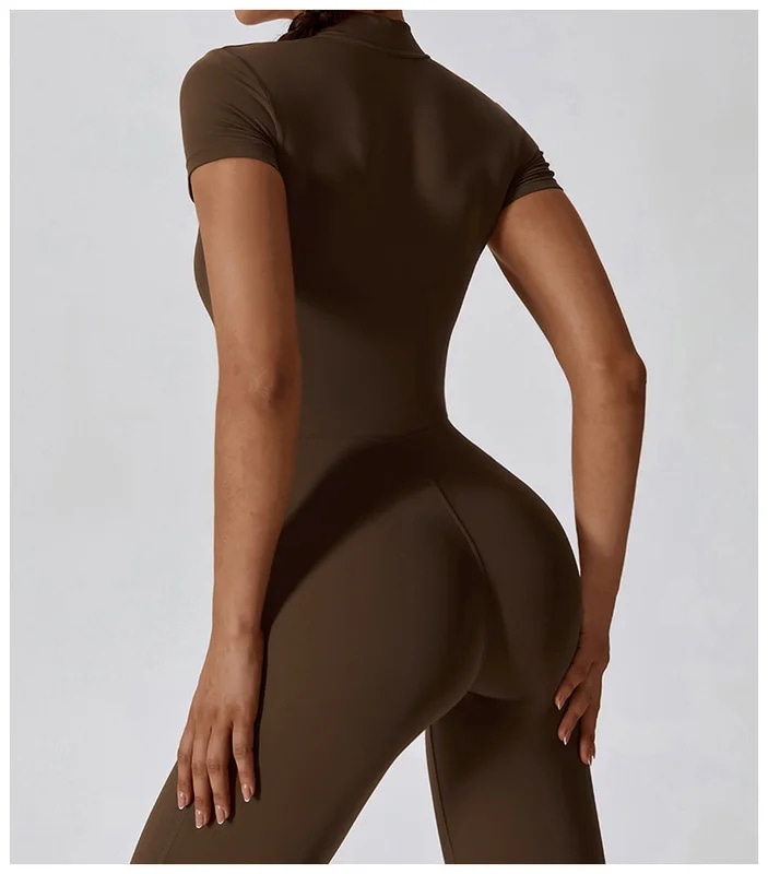 納期21日：HGC Yoga Jumpsuit Women Zipper Short Sleeve one piece Gym suit Fitness Set Comfort Workout Rom