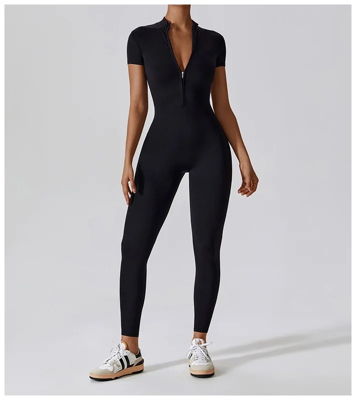 納期21日：HGC Yoga Jumpsuit Women Zipper Short Sleeve one piece Gym suit Fitness Set Comfort Workout Rom