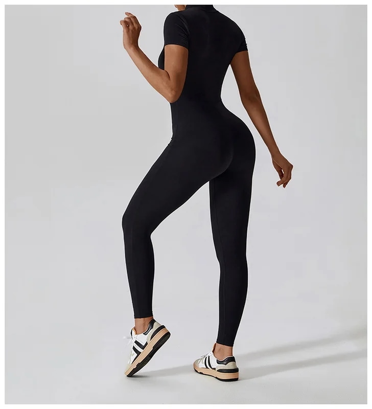 納期21日：HGC Yoga Jumpsuit Women Zipper Short Sleeve one piece Gym suit Fitness Set Comfort Workout Rom