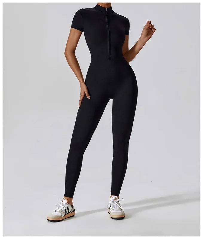 納期21日：HGC Yoga Jumpsuit Women Zipper Short Sleeve one piece Gym suit Fitness Set Comfort Workout Rom