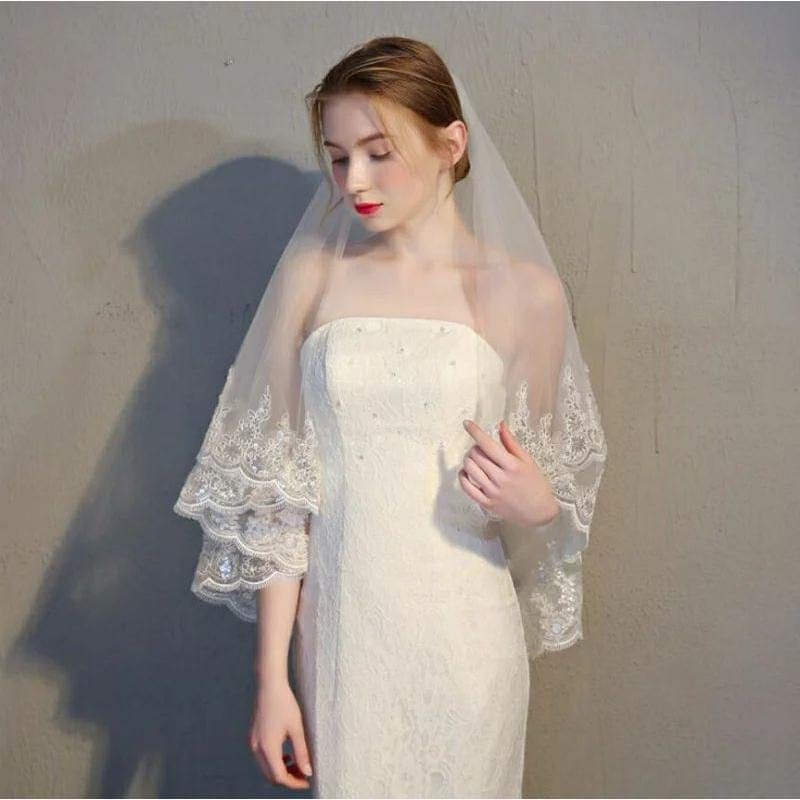 [10月推奨/20%OFF]ウェディング ベール２層コーム付き（金属コームに変更しました）レース刺繍 Veil Wedding ベールミドルウエディングベール 結婚式_5