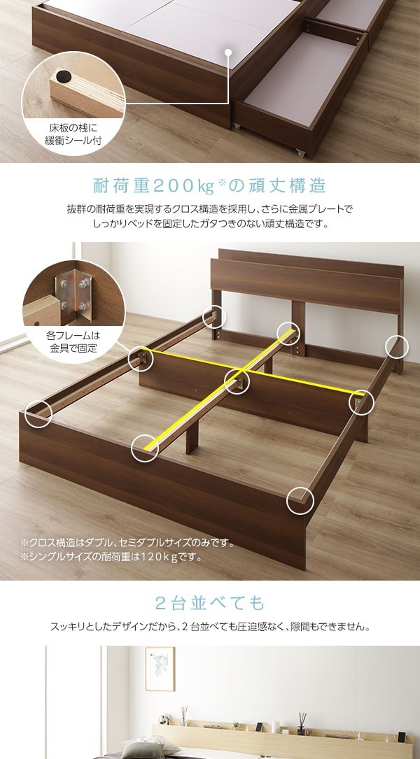 ベッド 収納付き 引き出し付き 木製 棚付き 宮付き コンセント付き シンプル モダン ナチュラル シングル ポケットコイルマットレス付き
