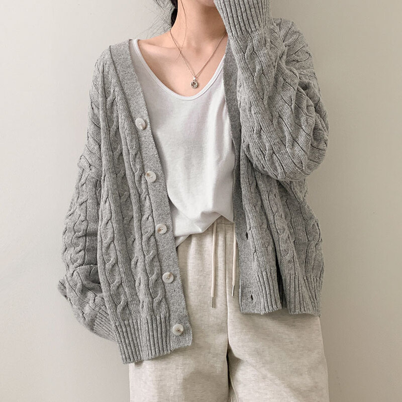 韓国の女性ファッション/ [8color] ルーズフィットケーブルニット & カーディガン cd1199