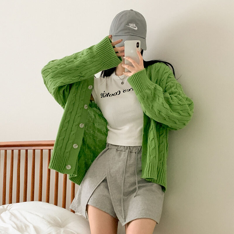 韓国の女性ファッション/ [8color] ルーズフィットケーブルニット & カーディガン cd1199