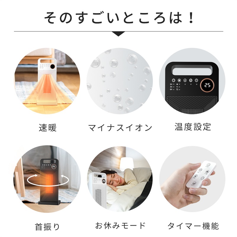 セラミックヒーター 2秒速暖 温度調節可能 左右80首振り 足元ヒーター 転倒停止 過熱保護 省エネ 節電暖房器具 過熱と転倒保護 電気暖炉 冷暖両用リモコン付き