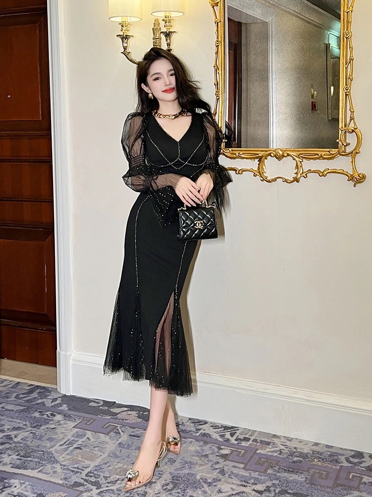 【JY.上品】 チュールワンピース 春冬春 vネック マーメイド ドレス パーティードレス着痩せ 大人 お呼ばれ 同窓会 披露宴 卒業式 結婚式 ウェディング 二次会 成人式