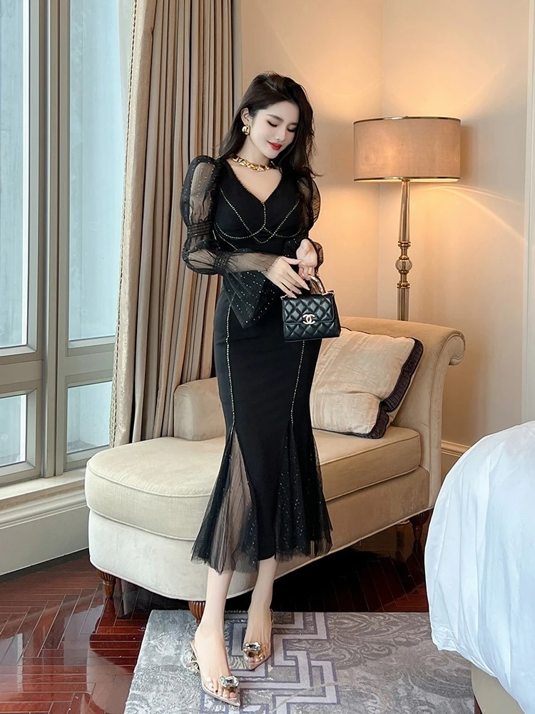 【JY.上品】 チュールワンピース 春冬春 vネック マーメイド ドレス パーティードレス着痩せ 大人 お呼ばれ 同窓会 披露宴 卒業式 結婚式 ウェディング 二次会 成人式