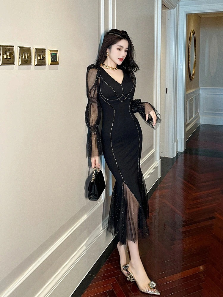 【JY.上品】 チュールワンピース 春冬春 vネック マーメイド ドレス パーティードレス着痩せ 大人 お呼ばれ 同窓会 披露宴 卒業式 結婚式 ウェディング 二次会 成人式