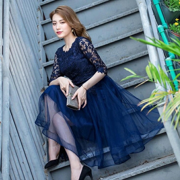 黒 パーティードレス 結婚式 ワンピース パーティードレス 結婚式ドレス 袖あり ウエディングドレス ミモレ丈 レース 大きいサイズ 大人 上品 お呼ばれ 二次会 披露宴 披露宴 演奏会 同窓会