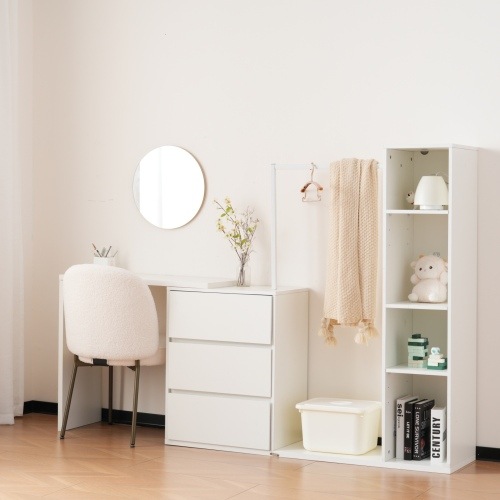 3段キャビネット+幅調整デスク+ ハンガーラック+ラック 化粧台 デスク木製 チェスト サイドボード リビングボード ハンガーラック 収納チェスト タンス キッチンボード 大容量収納 衣類 収納 おし