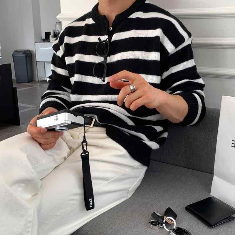 トップス メンズ おしゃれ カジュアル 春秋 ニットウェア ラウンドネック レトロ 高級 ストライプセーター