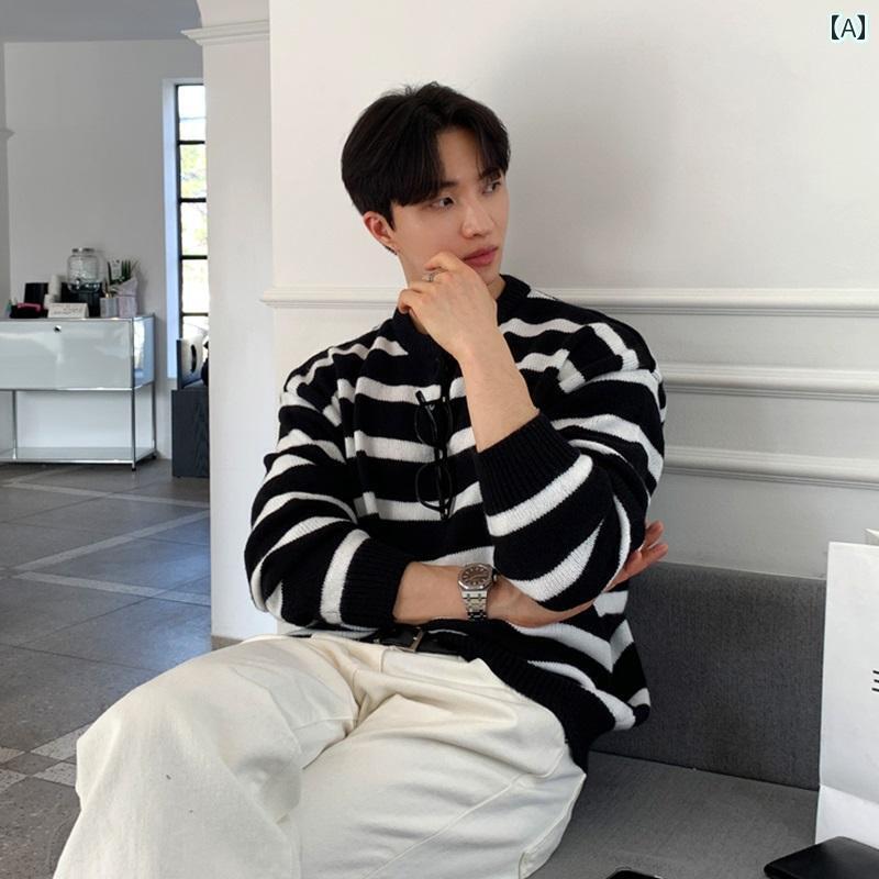 トップス メンズ おしゃれ カジュアル 春秋 ニットウェア ラウンドネック レトロ 高級 ストライプセーター