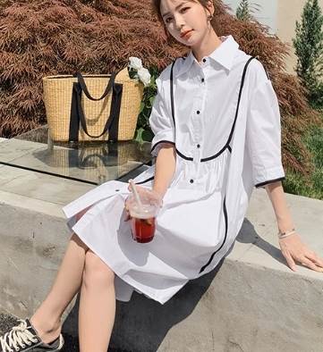 レディース ワンピース シャツワンピ 膝丈 5分袖 襟付き 角襟 ワイド バイカラー かわいい シンプル カジュアル おしゃれ ラフ ガーリー 存在感 ラブリー キュート 爽やか 無地 春