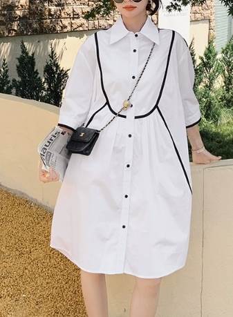 レディース ワンピース シャツワンピ 膝丈 5分袖 襟付き 角襟 ワイド バイカラー かわいい シンプル カジュアル おしゃれ ラフ ガーリー 存在感 ラブリー キュート 爽やか 無地 春