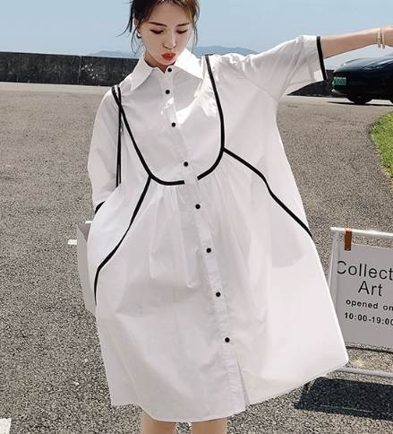 レディース ワンピース シャツワンピ 膝丈 5分袖 襟付き 角襟 ワイド バイカラー かわいい シンプル カジュアル おしゃれ ラフ ガーリー 存在感 ラブリー キュート 爽やか 無地 春