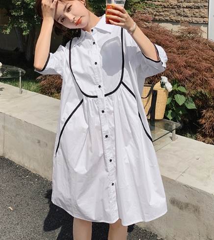 レディース ワンピース シャツワンピ 膝丈 5分袖 襟付き 角襟 ワイド バイカラー かわいい シンプル カジュアル おしゃれ ラフ ガーリー 存在感 ラブリー キュート 爽やか 無地 春
